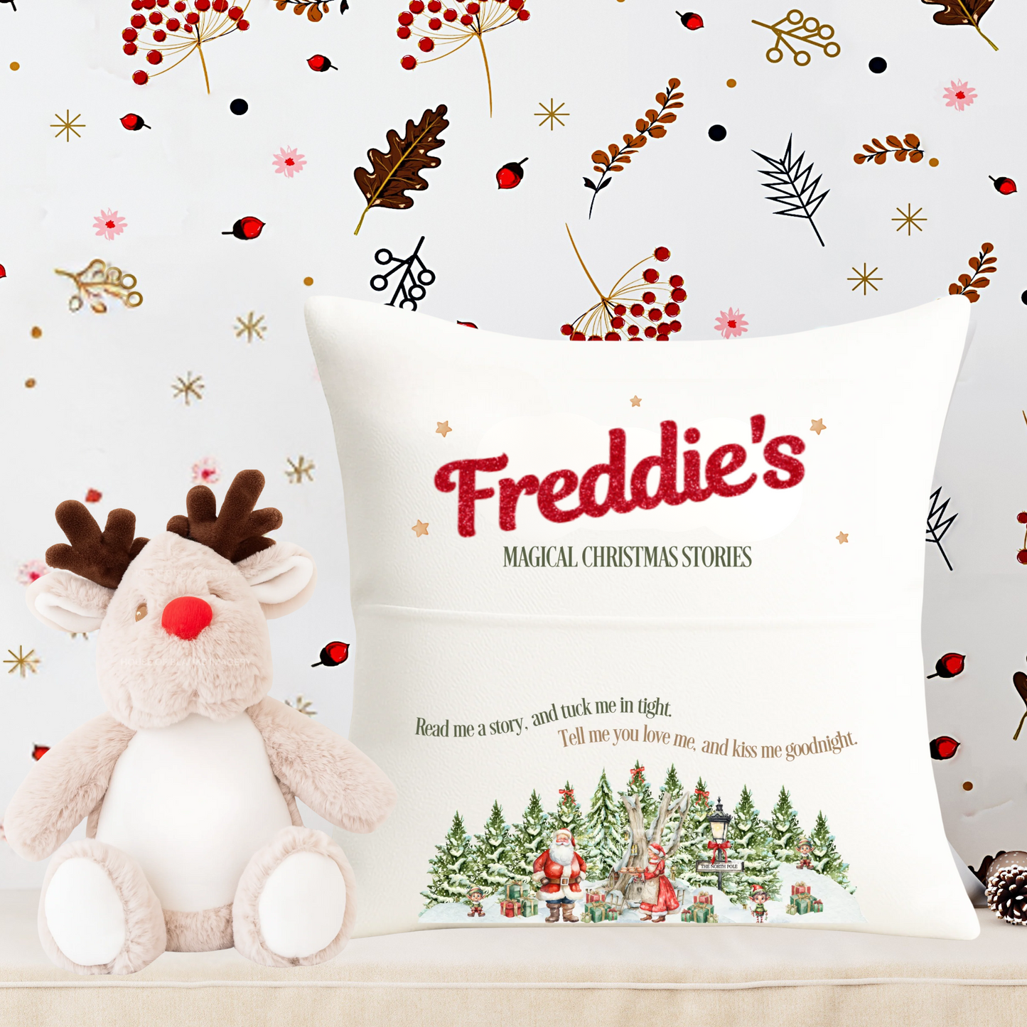 Christmas story book cushion 40cmx40cm, Magical Christmas family story time, first Christmas, Special gift