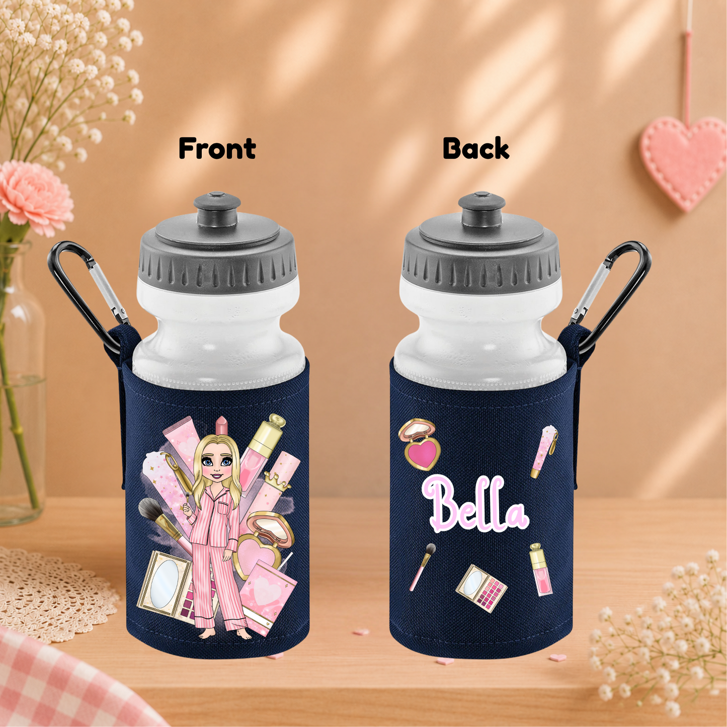 Personalised girls' makeup backpack, lunch bag and water bottle holder with a custom name. Available in pink, light blue and navy, back to school set