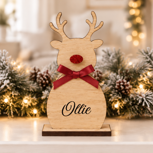 Personalised Oak Wooden Reindeer Christmas Decoration | Family & Pet Name Ornament