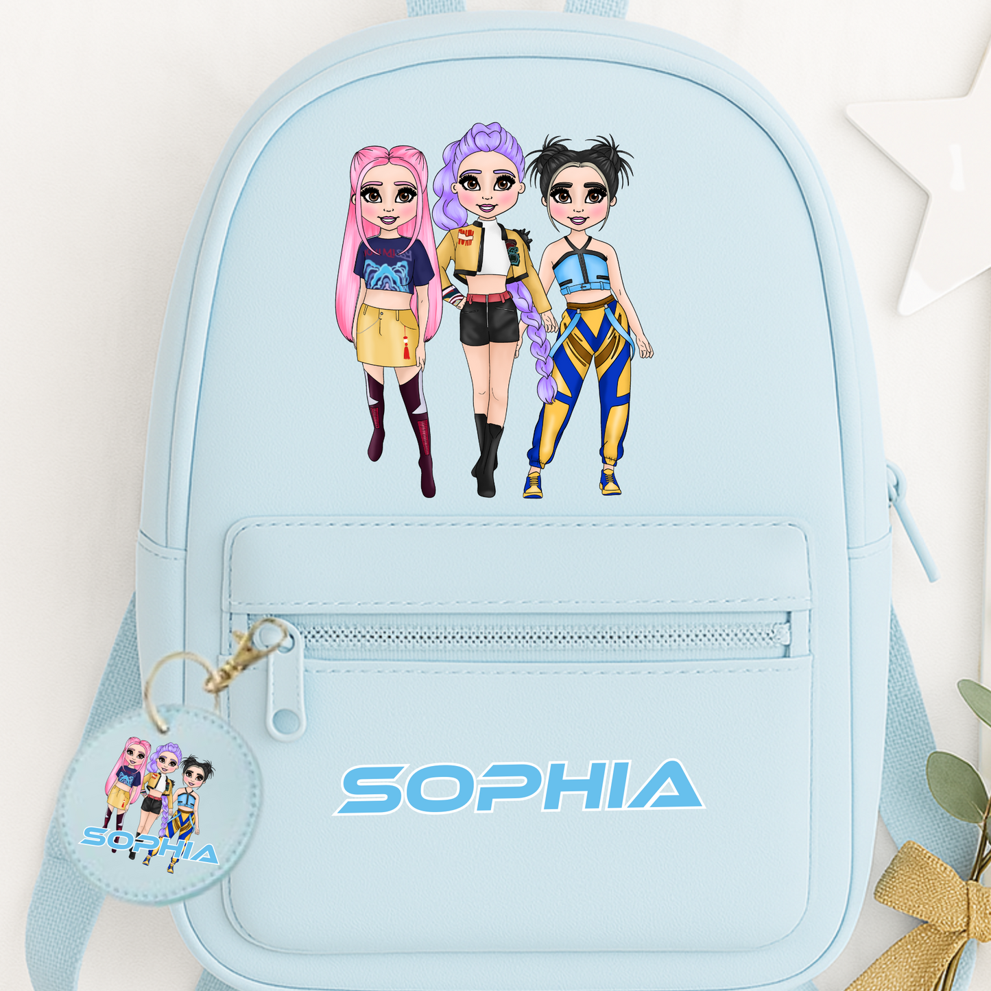 πΆ KPOP Inspired Personalised Backpack with Keychain β 7L | Baby Pink, Lilac & Baby Blue π
