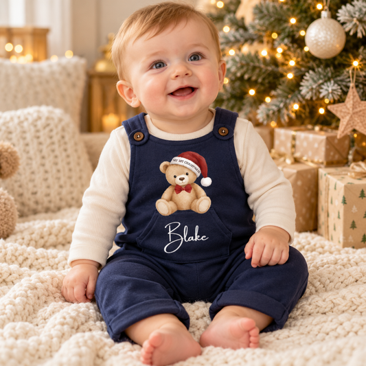 Personalised Baby Christmas Dungarees – My 1st Christmas Teddy Design