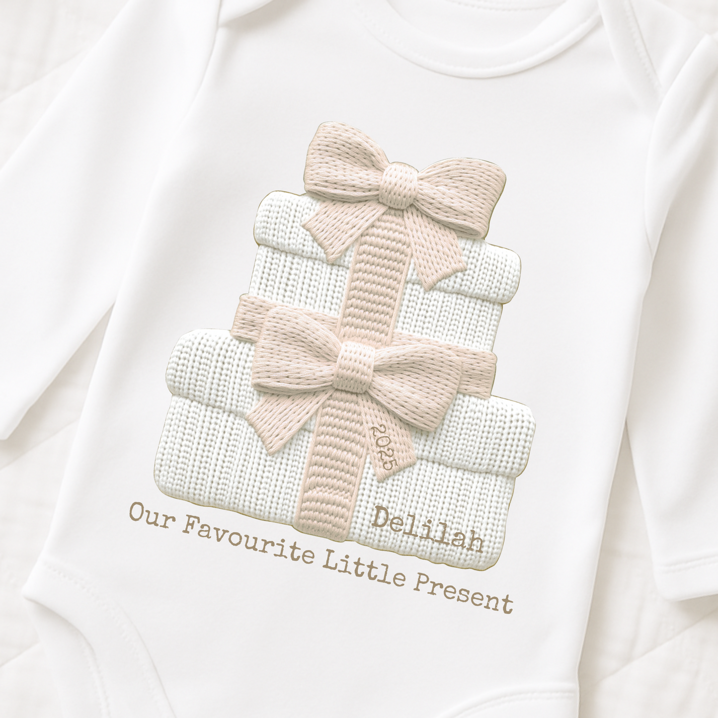 Personalised Christmas Baby Vest 2025 – “Our Favourite Little Present” Embroidered Baby Grow – Custom Name – Pink, Blue, Sage, Cream