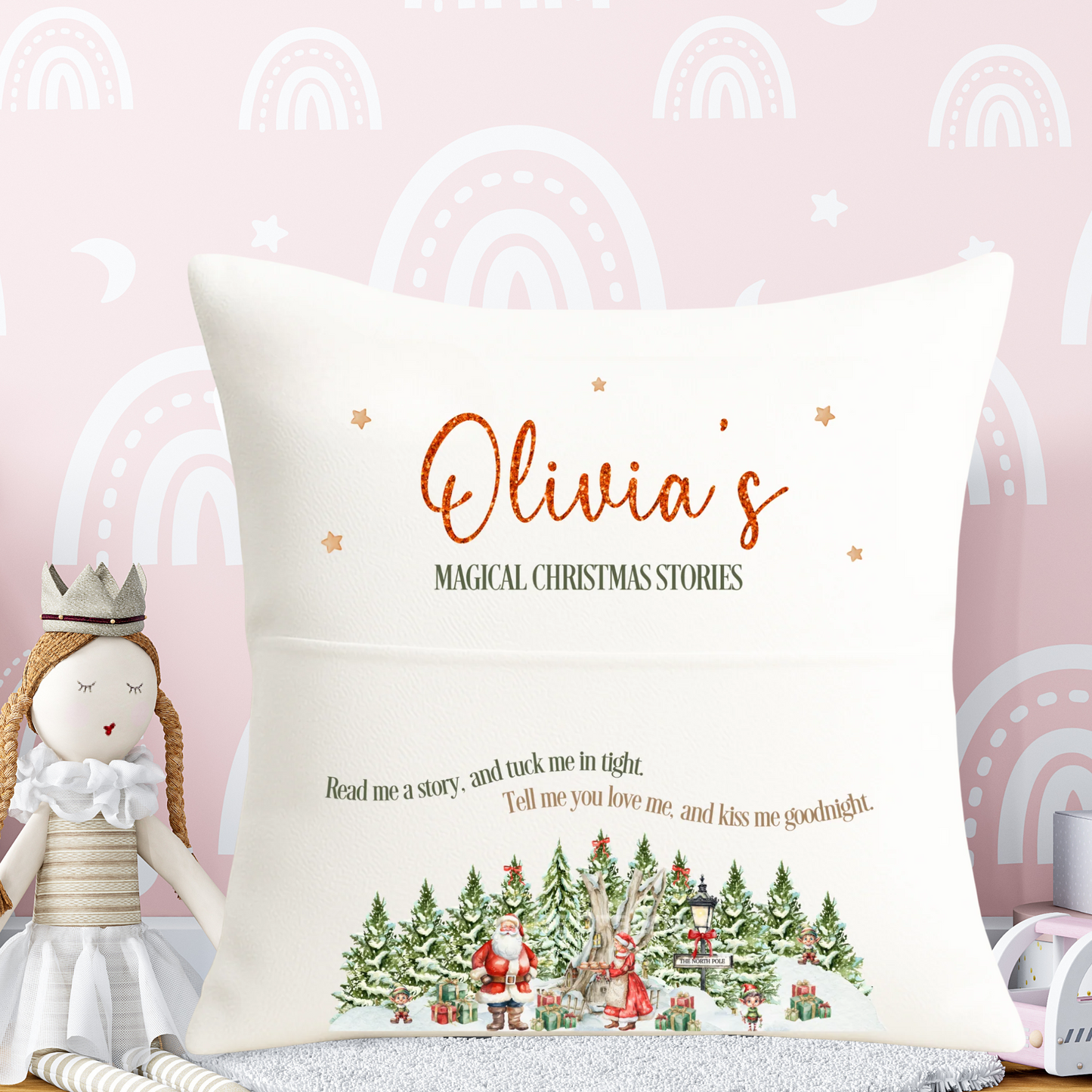 Christmas story book cushion 40cmx40cm, Magical Christmas family story time, first Christmas, Special gift
