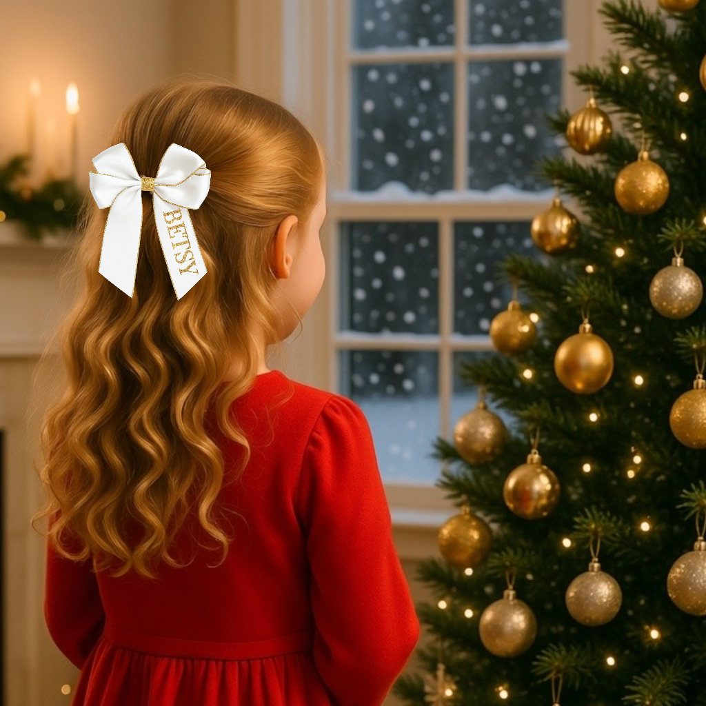 Glitter edge, personalised Christmas Hair bow, Red, Navy, Deep red, White