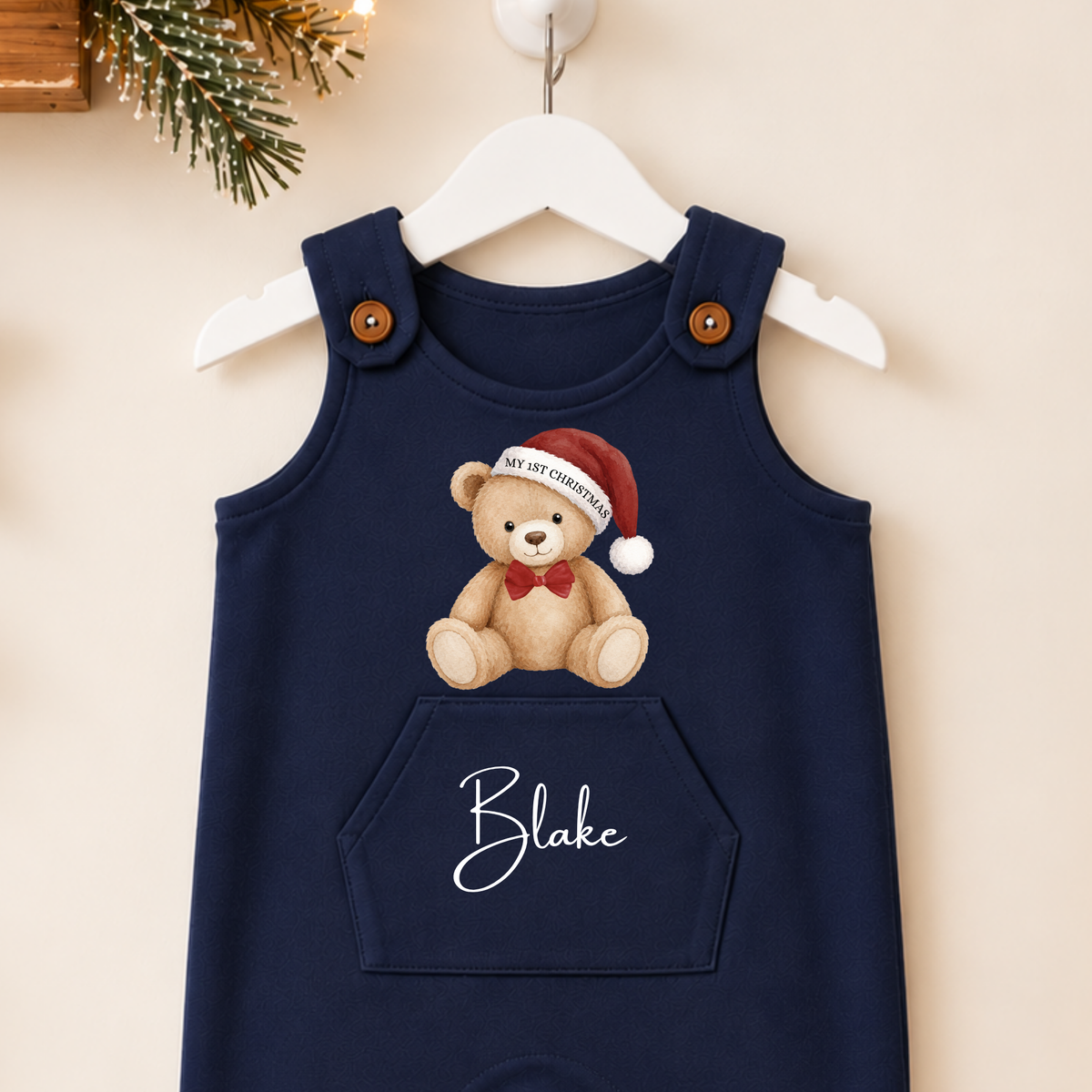 Personalised Baby Christmas Dungarees – My 1st Christmas Teddy Design