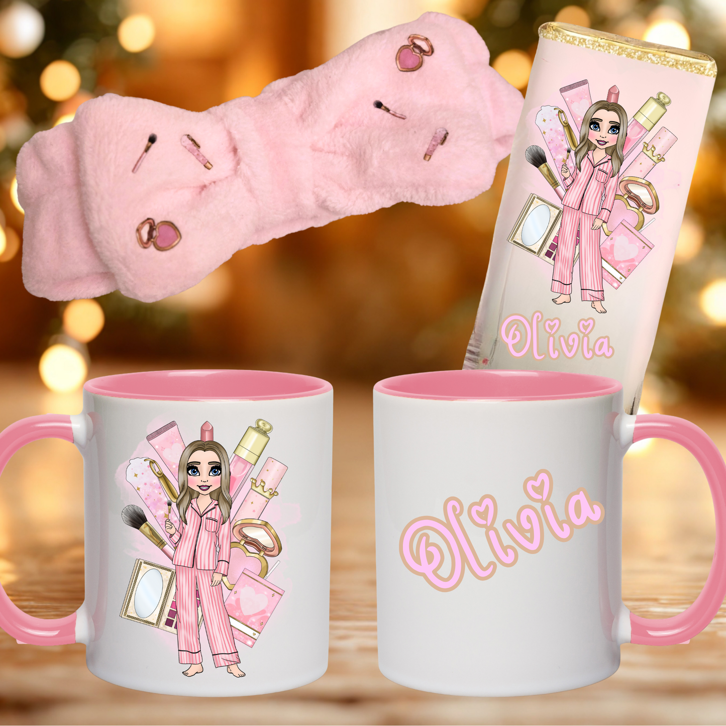 Makeup girl personalised pamper box, lipgloss duo, handband, cup, bobble, pj's, pink