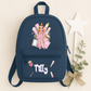 Personalised girls' makeup backpack, lunch bag and water bottle holder with a custom name. Available in pink, light blue and navy, back to school set