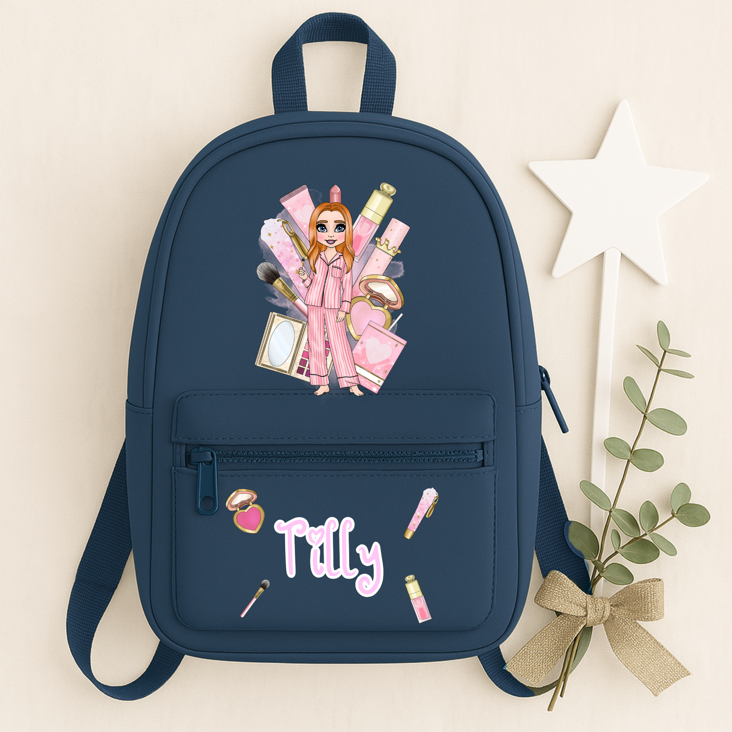 Personalised girls' makeup backpack, lunch bag and water bottle holder with a custom name. Available in pink, light blue and navy, back to school set