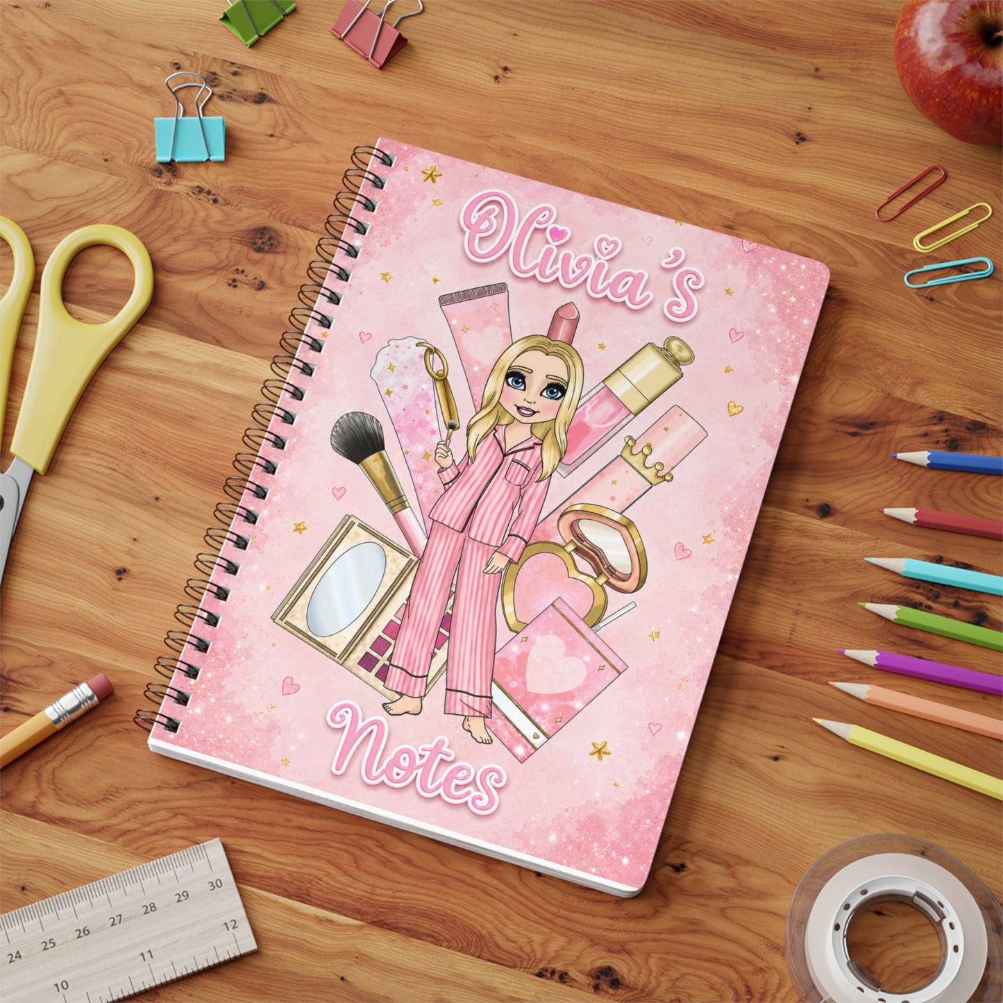 Personalized Pink Makeup Girl Notebook — "Olivia's Notes" A5 Spiral Journal
