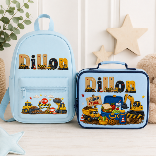 Personalised kids construction backpack and lunch bag set featuring diggers and trucks. Add a name or initial. Perfect for nursery, school and gifts.