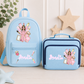 Personalised girls' makeup backpack, lunch bag and water bottle holder with a custom name. Available in pink, light blue and navy, back to school set
