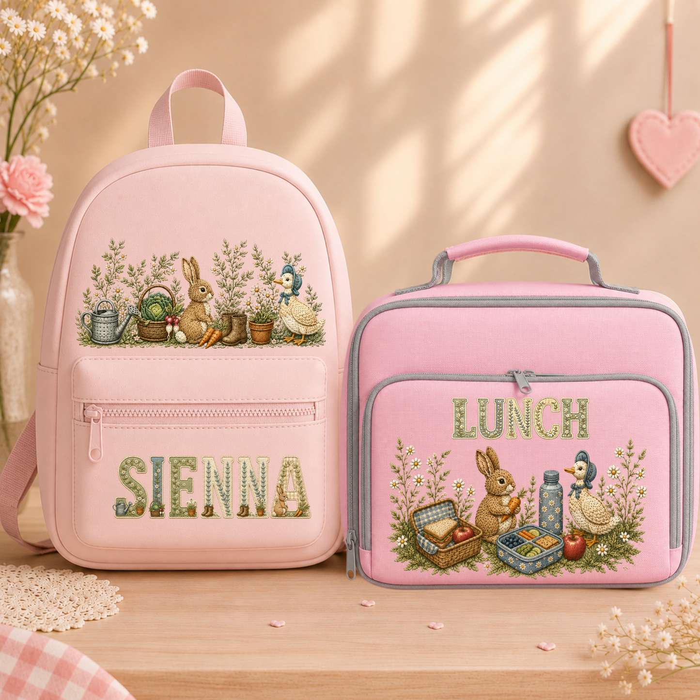 Personalised Woodland Bunny & Duck Backpack and Lunch Bag | Custom Nursery & School Set
