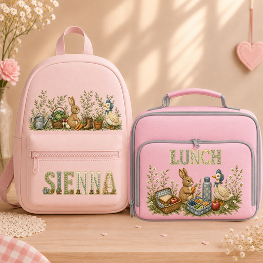 Personalised Woodland Bunny & Duck Backpack and Lunch Bag | Custom Nursery & School Set