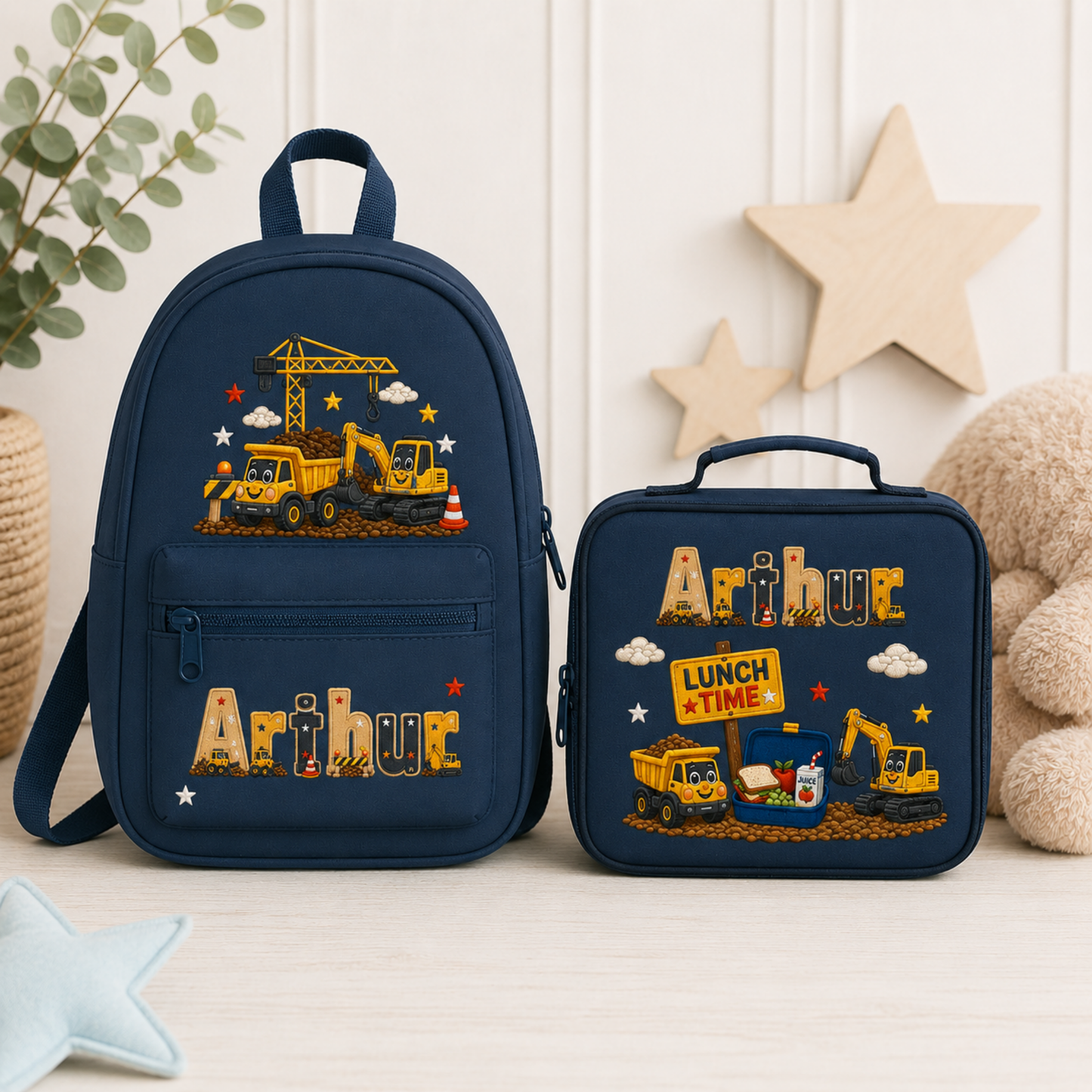 Personalised kids construction backpack and lunch bag set featuring diggers and trucks. Add a name or initial. Perfect for nursery, school and gifts.