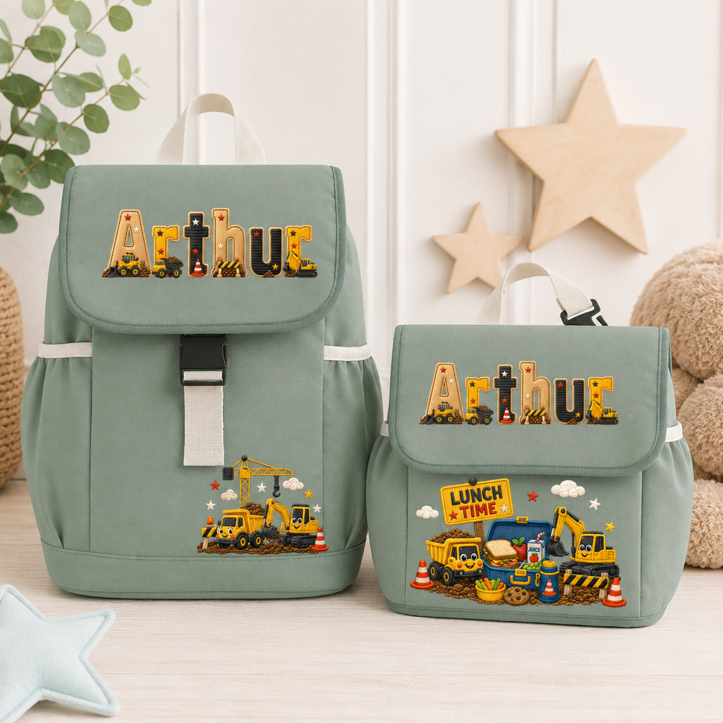 Personalised kids construction backpack and lunch bag set featuring diggers and trucks. Add a name or initial. Perfect for nursery, school and gifts.