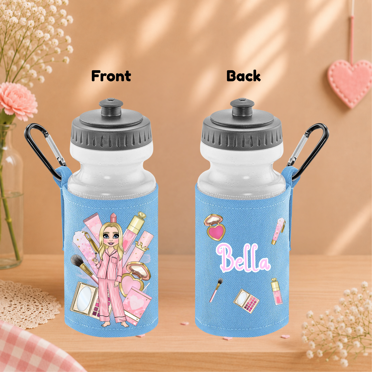 Personalised girls' makeup backpack, lunch bag and water bottle holder with a custom name. Available in pink, light blue and navy, back to school set
