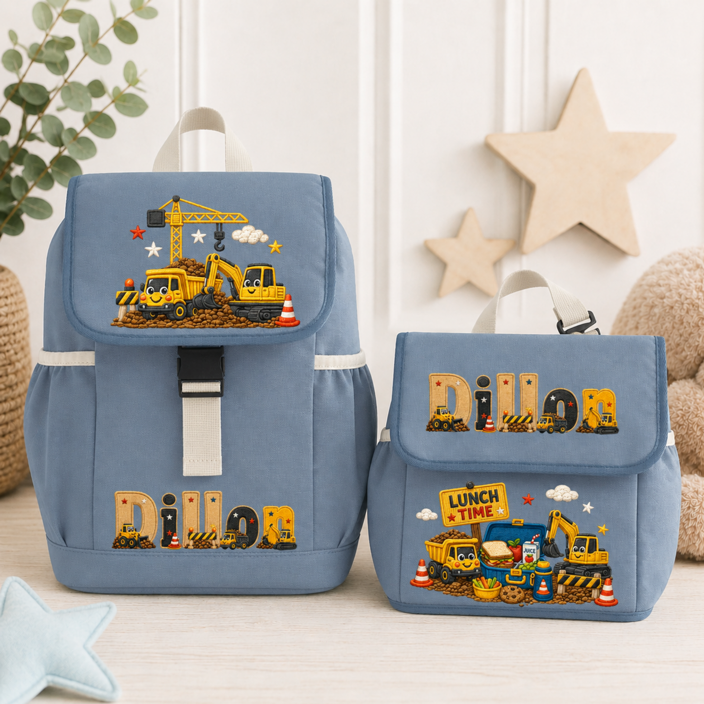 Personalised kids construction backpack and lunch bag set featuring diggers and trucks. Add a name or initial. Perfect for nursery, school and gifts.