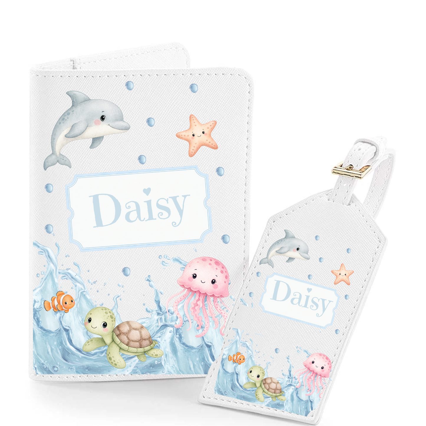Personalised passport and luggage tag, mermaid, space, fairies, dinosaur, animals