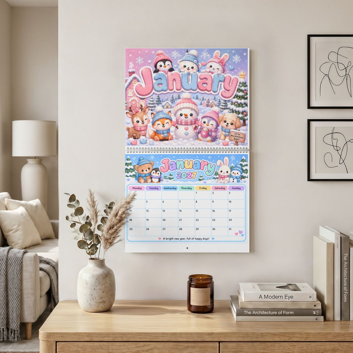 2027 Cute Animal Wall Calendar — Monthly Family Planner with Adorable Characters (January Design)