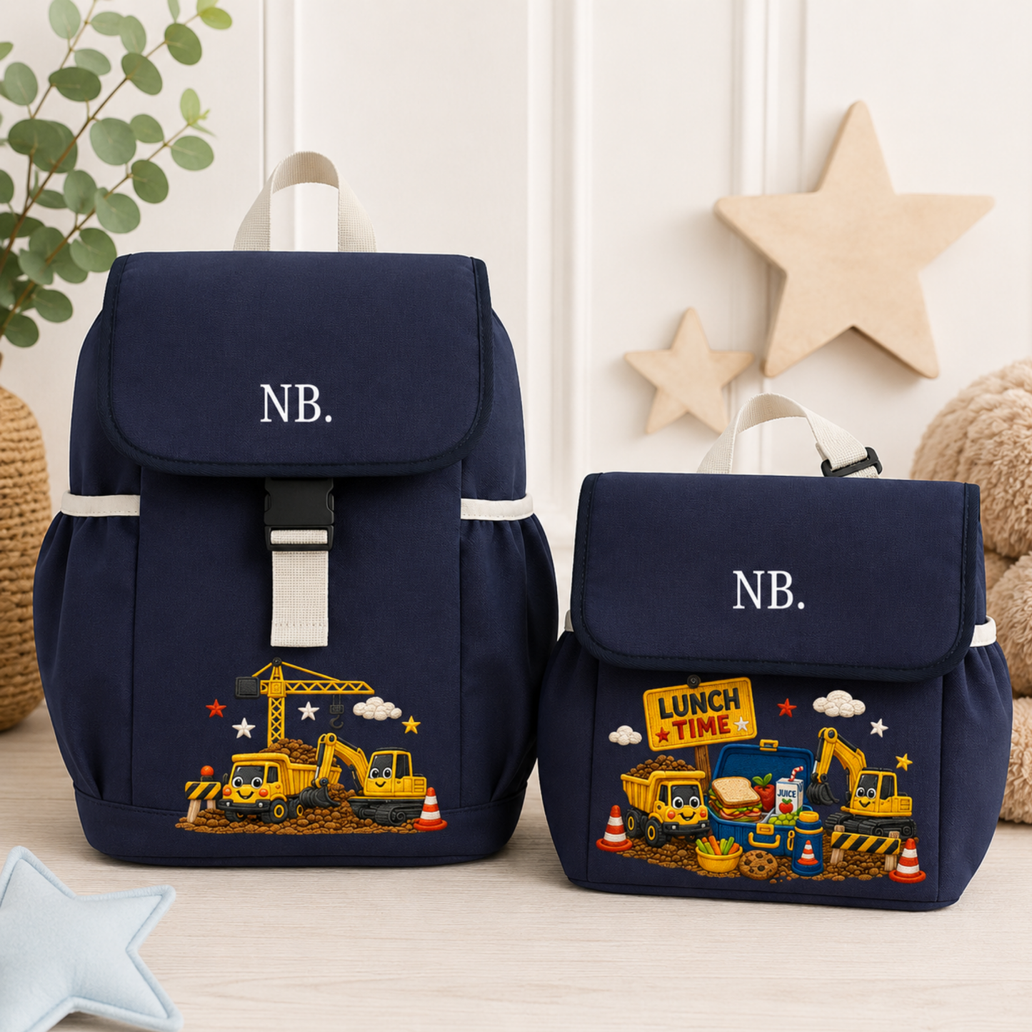 Personalised kids construction backpack and lunch bag set featuring diggers and trucks. Add a name or initial. Perfect for nursery, school and gifts.