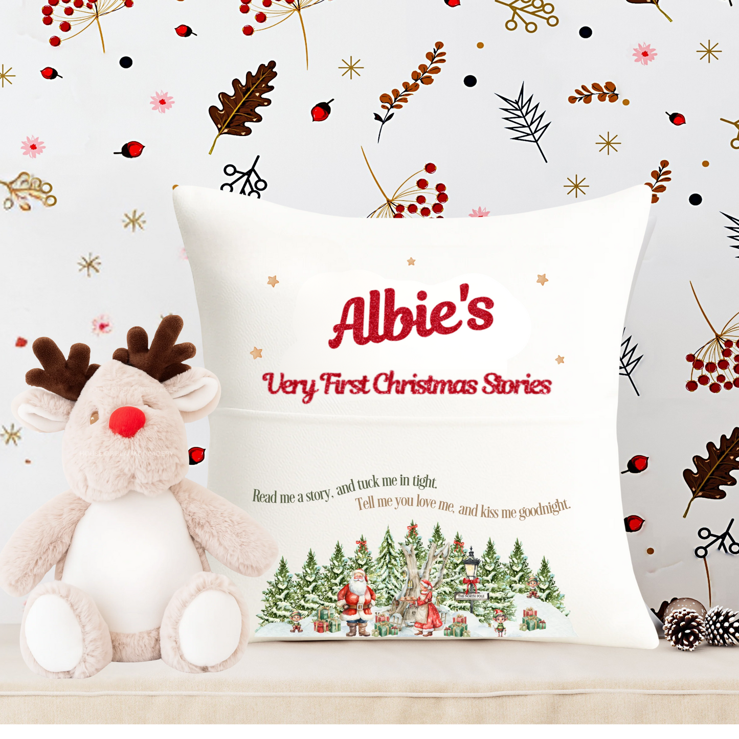 Christmas story book cushion 40cmx40cm, Magical Christmas family story time, first Christmas, Special gift