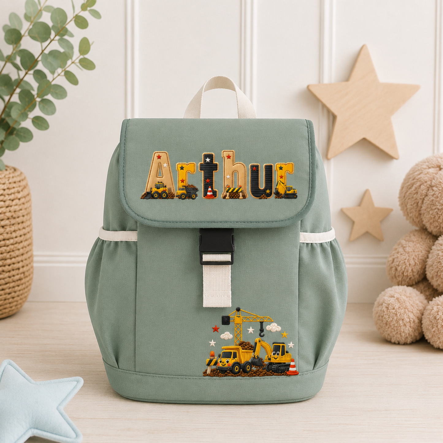 Personalised kids construction backpack and lunch bag set featuring diggers and trucks. Add a name or initial. Perfect for nursery, school and gifts.