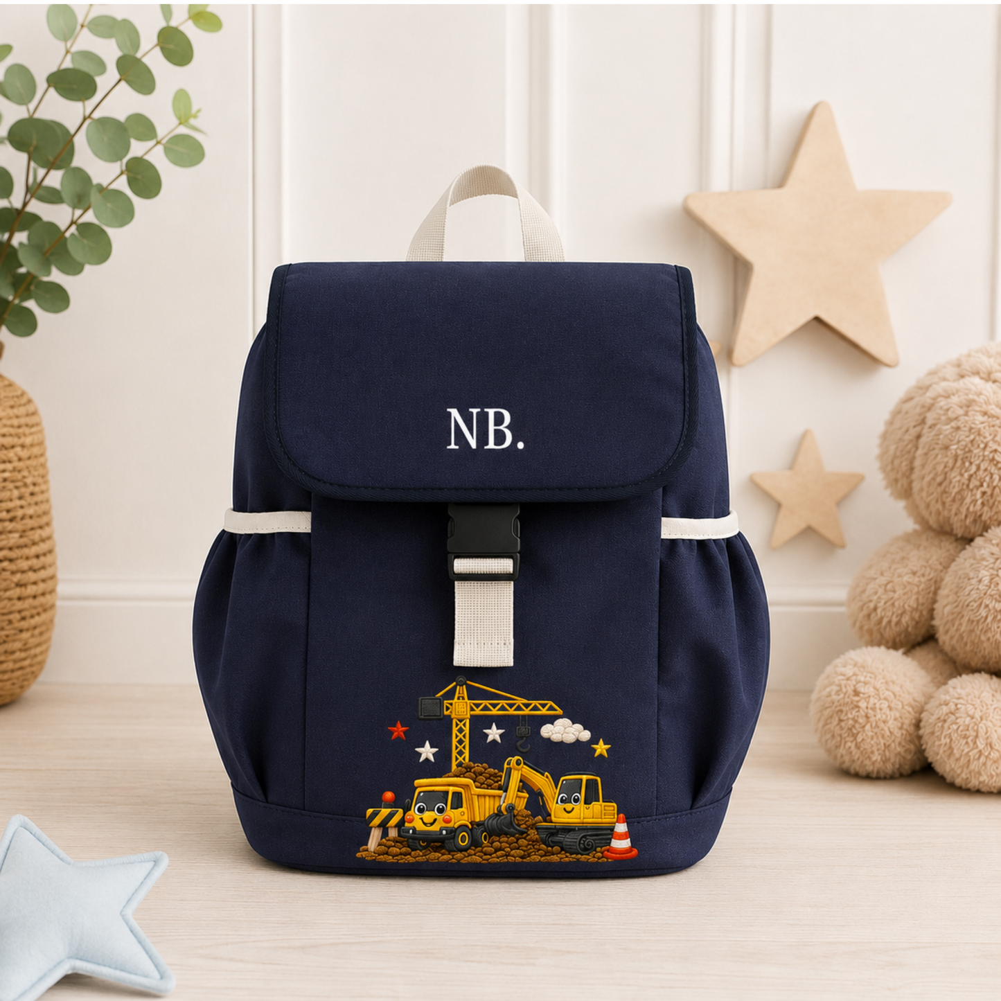 Personalised kids construction backpack and lunch bag set featuring diggers and trucks. Add a name or initial. Perfect for nursery, school and gifts.