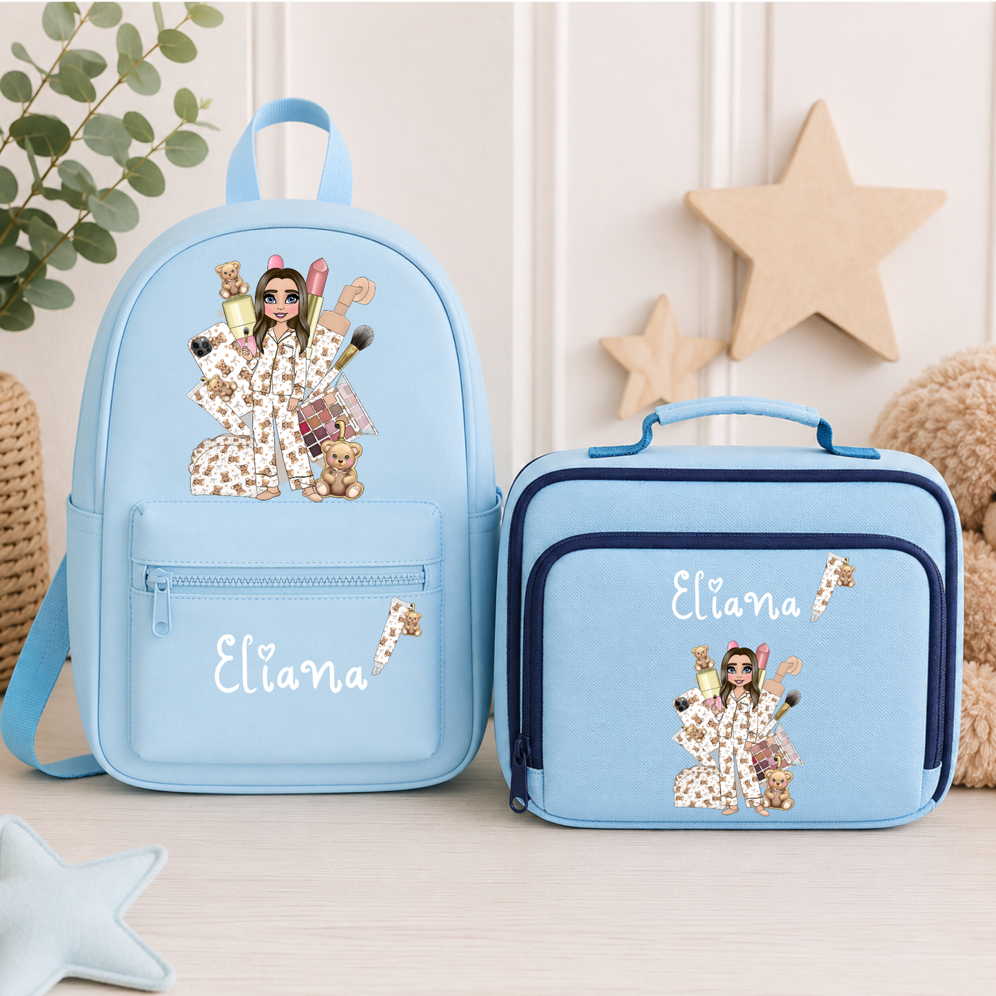 Personalised Beauty Lover Backpack & Lunch Bag Set | Custom Makeup School Bag | Personalised Kids Backpack