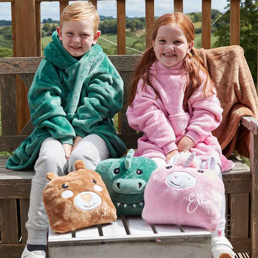 Personalised Hoodie Blanket, unicorn, bear, dinosaur, pillow, pink, green, brown