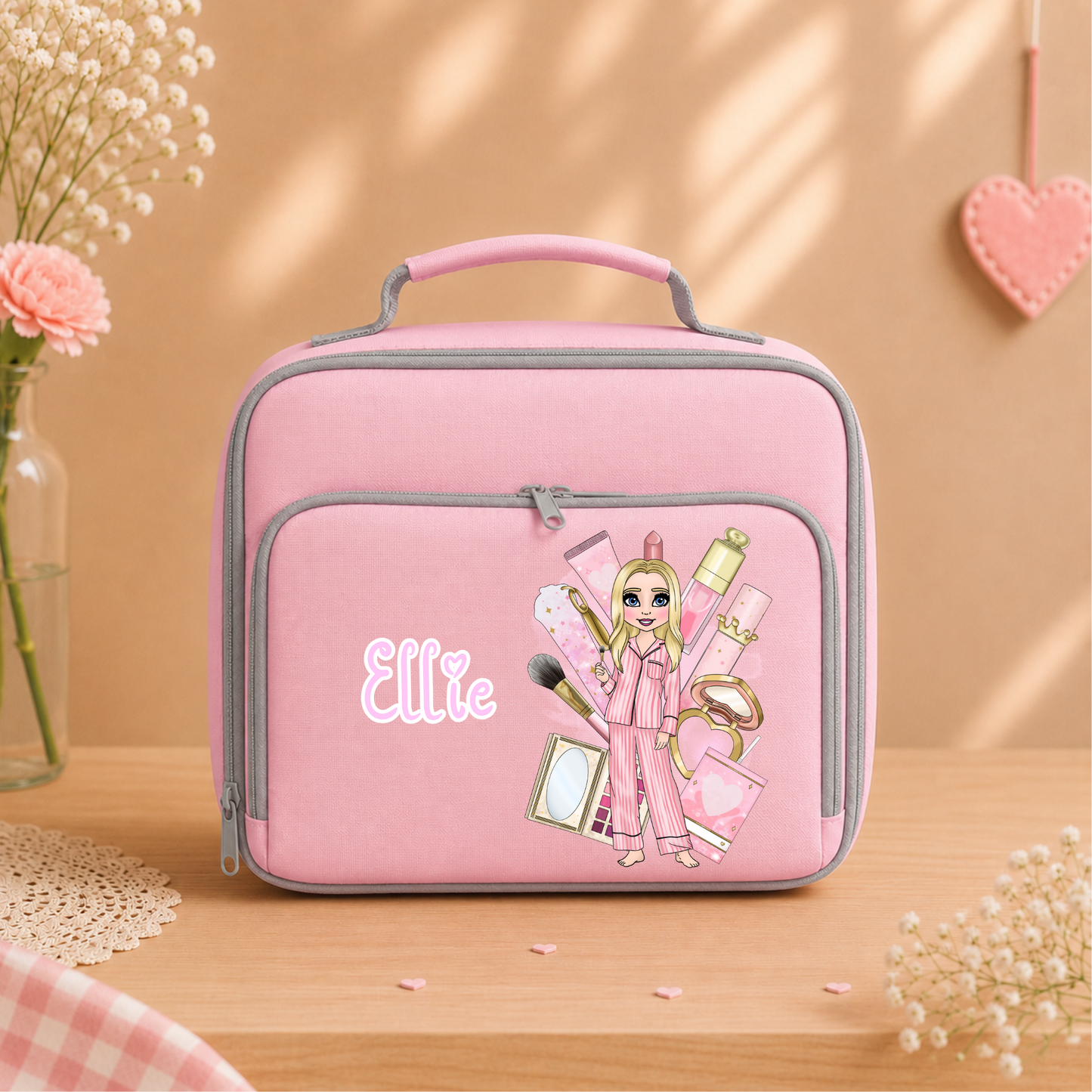 Personalised girls' makeup backpack, lunch bag and water bottle holder with a custom name. Available in pink, light blue and navy, back to school set