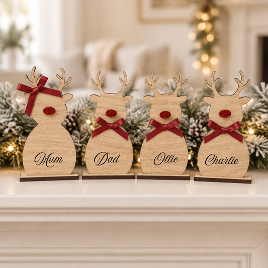 Personalised Oak Wooden Reindeer Christmas Decoration | Family & Pet Name Ornament