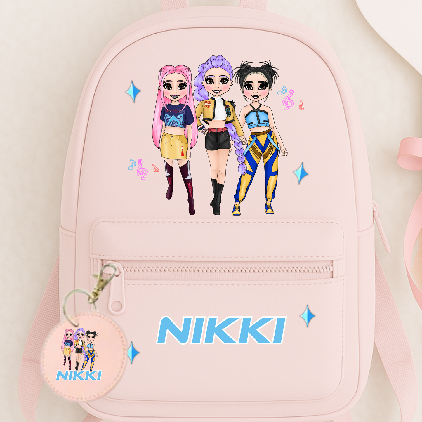 🎶 KPOP Inspired Personalised Backpack with Keychain – 7L | Baby Pink, Lilac & Baby Blue 💜