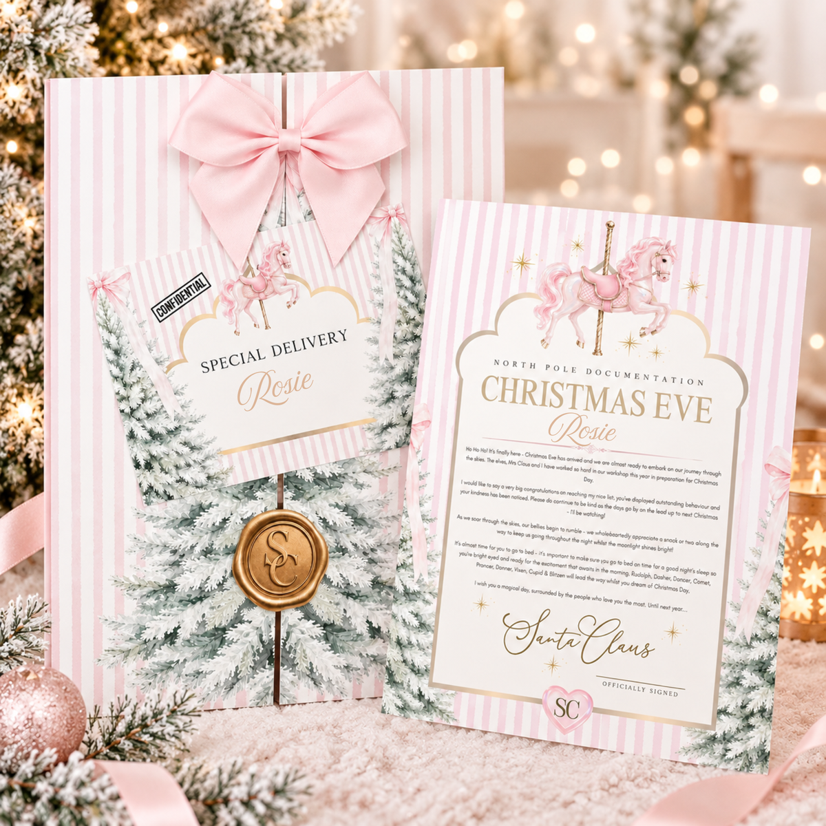 Personalised Pink Carousel Christmas Eve Santa Gift Set | Letter, Nice List Certificate & Magical Note