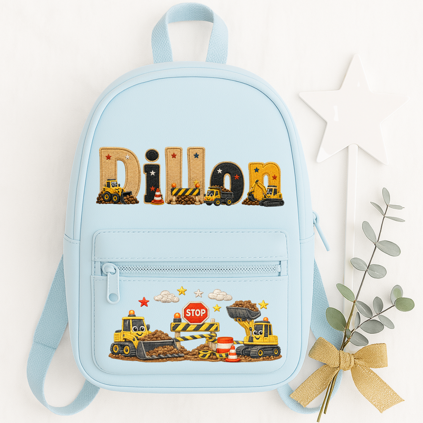 Personalised kids construction backpack and lunch bag set featuring diggers and trucks. Add a name or initial. Perfect for nursery, school and gifts.