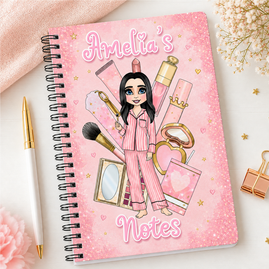 Personalized Pink Makeup Girl Notebook — "Olivia's Notes" A5 Spiral Journal