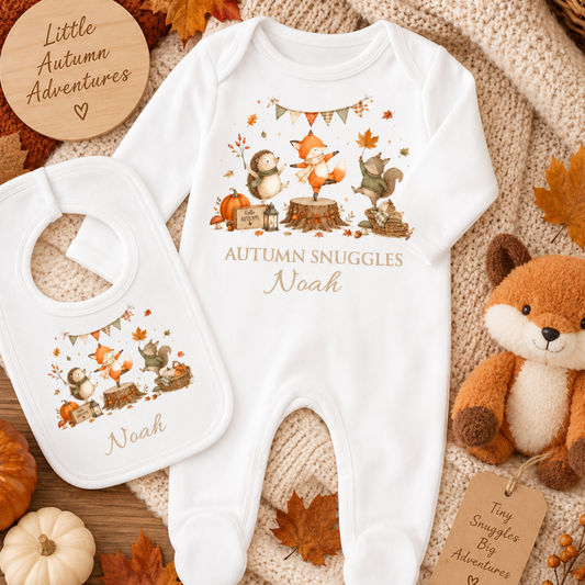 Personalised Autumn Baby Romper & Bib Set | Woodland Outfit