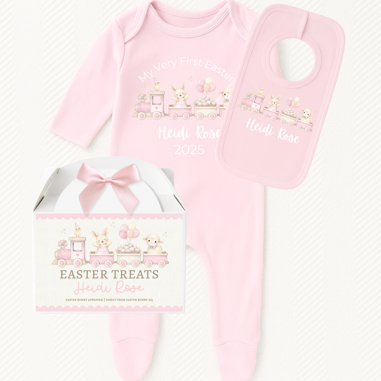 Personalised My Very First Easter, gift set, blue, pink, baby grow, bib, babies first Easter