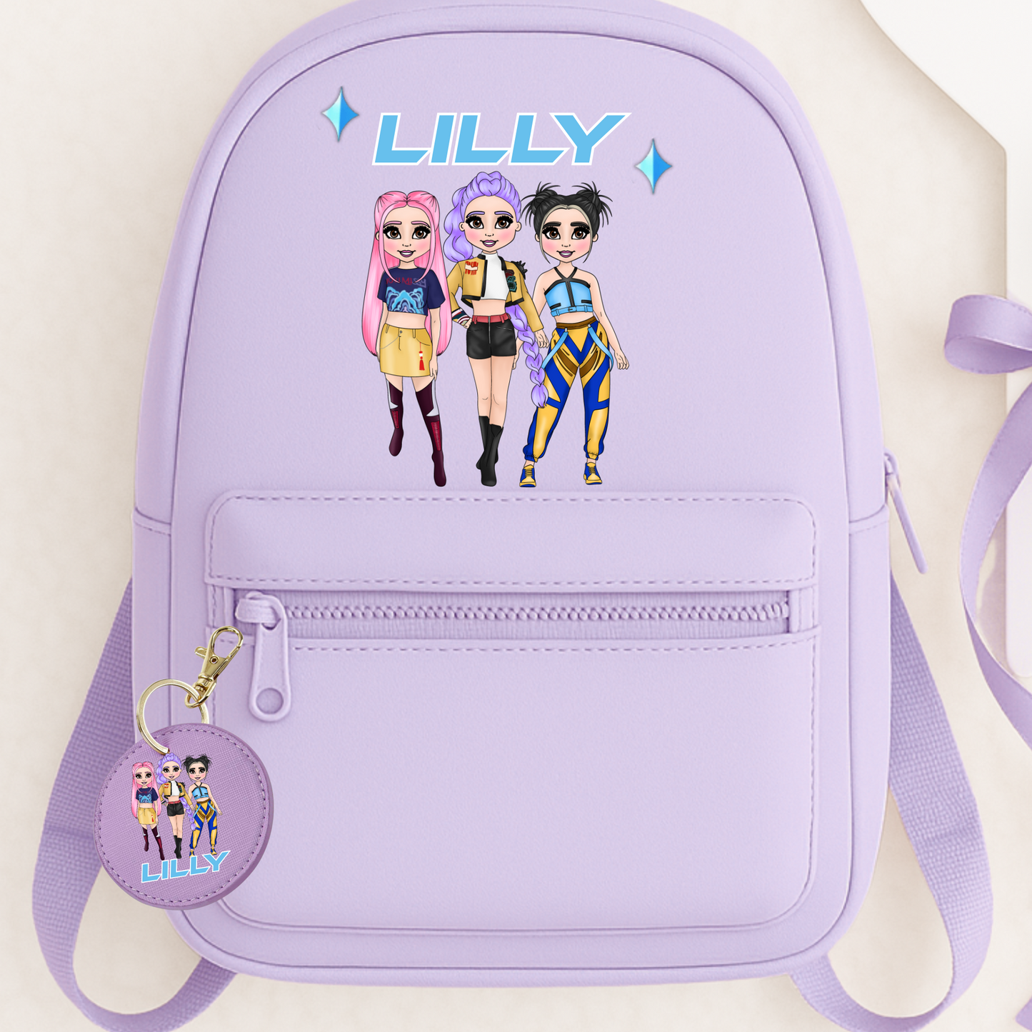 🎶 KPOP Inspired Personalised Backpack with Keychain – 7L | Baby Pink, Lilac & Baby Blue 💜
