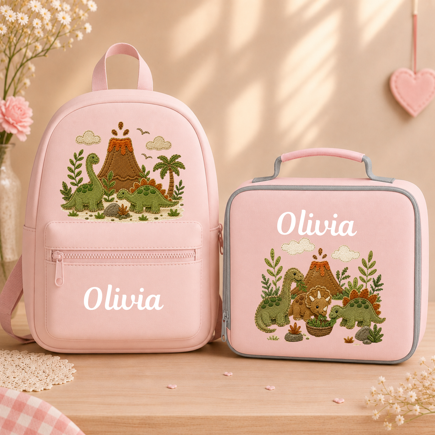 Personalised Dinosaur Backpack & Lunch Bag Set | Embroidered Dinosaur School Bag with Name | Nursery & School Gift