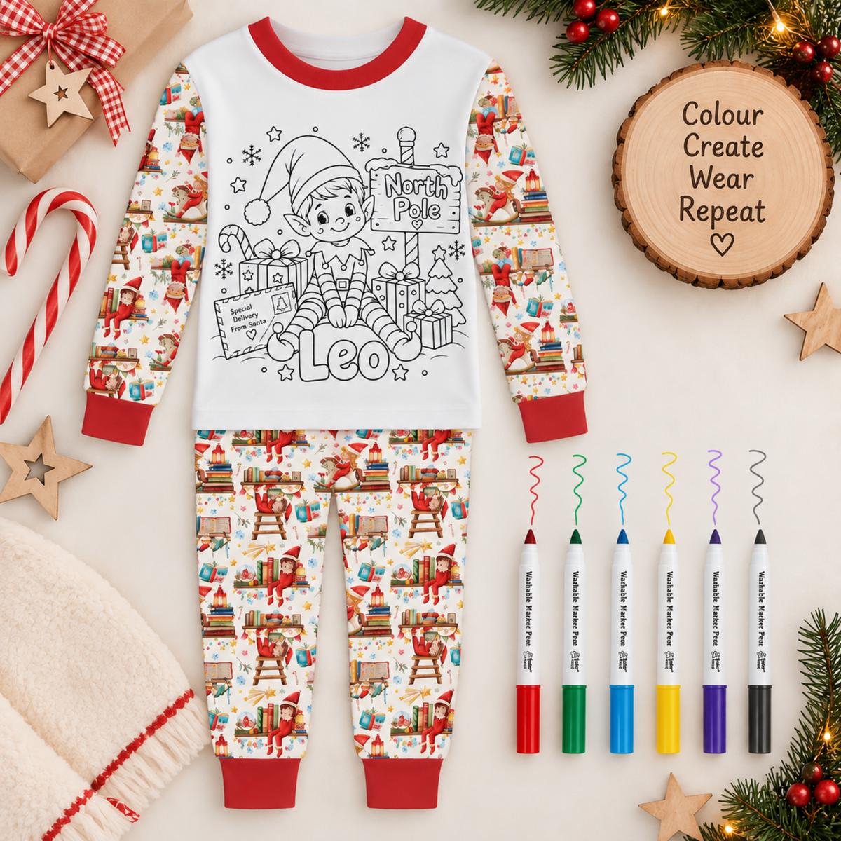 Personalised Colour-In Christmas Pyjamas for Kids | Washable Marker PJs