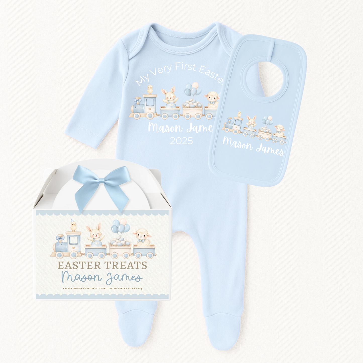 Personalised My Very First Easter, gift set, blue, pink, baby grow, bib, babies first Easter