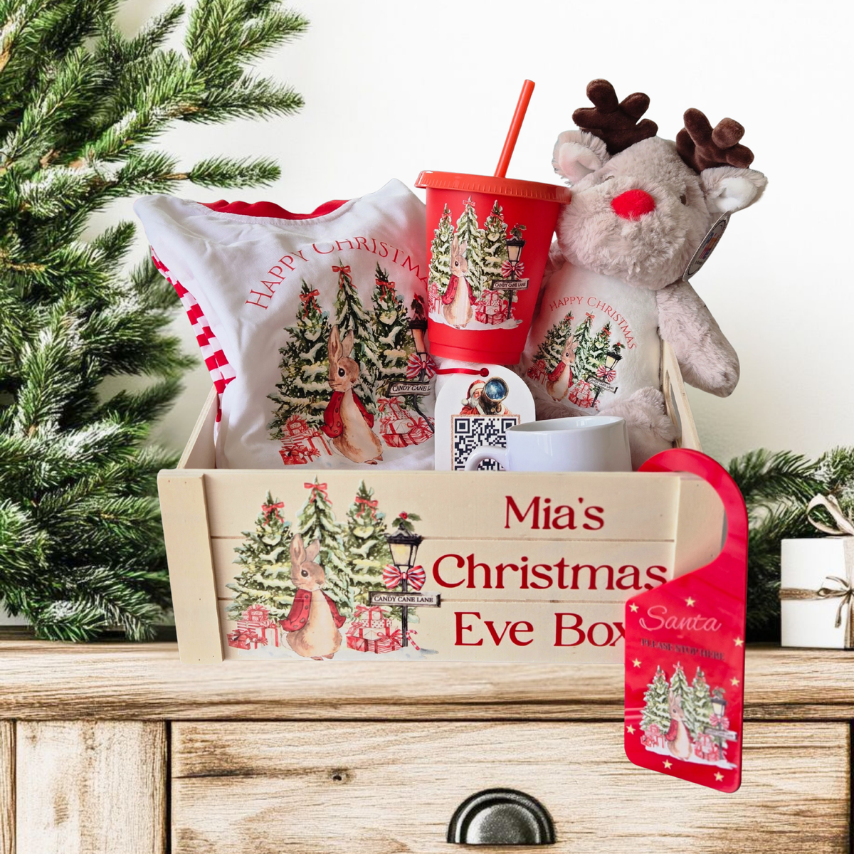 PERSONALISED RED BUNNY CHRISTMAS EVE CRATE! girls, boys, christmas pj's, festive, magical