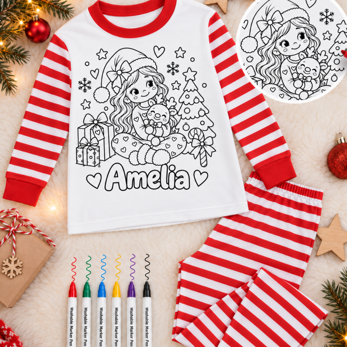 Personalised Colour-In Christmas Pyjamas for Kids | Washable Marker PJs