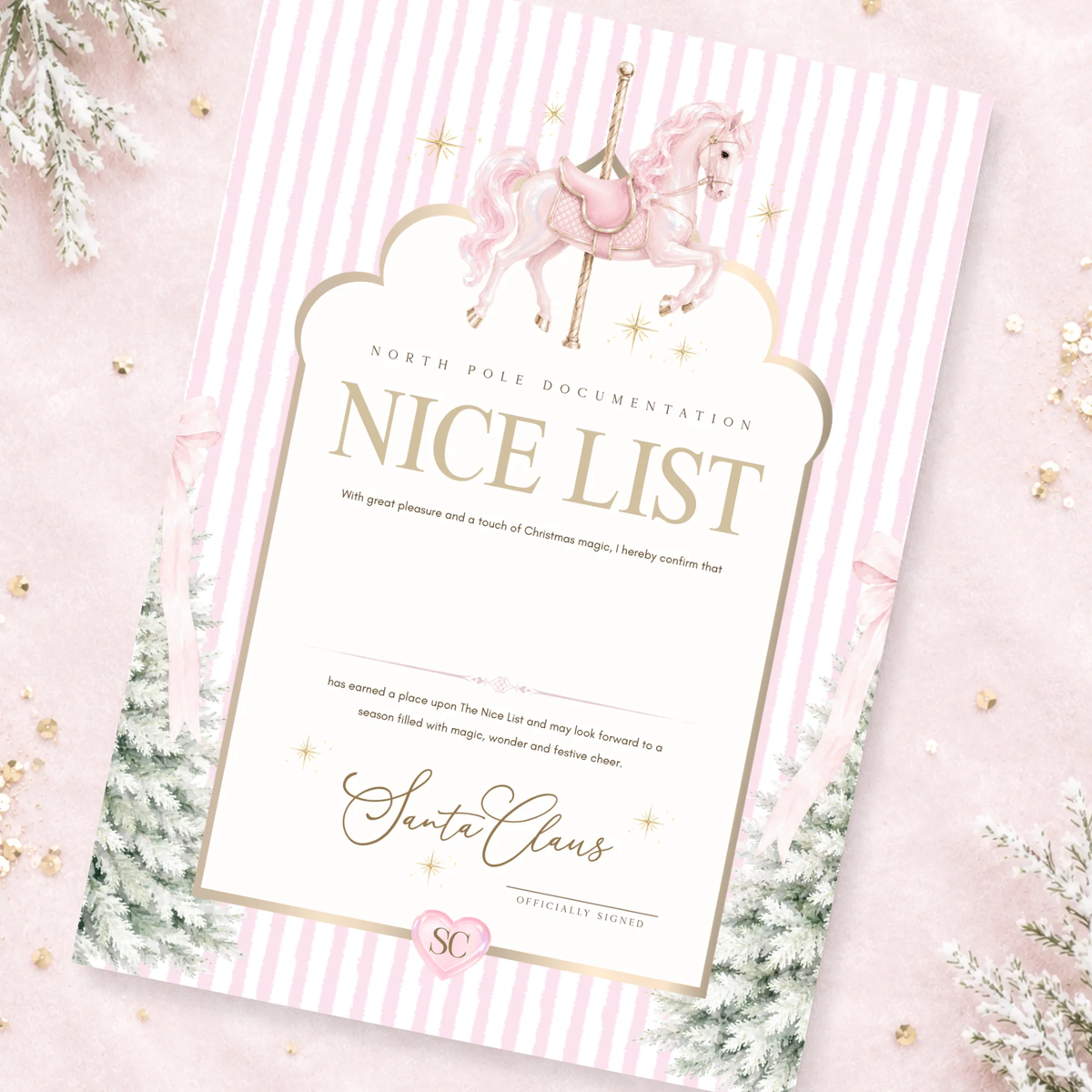 Personalised Pink Carousel Christmas Eve Santa Gift Set | Letter, Nice List Certificate & Magical Note