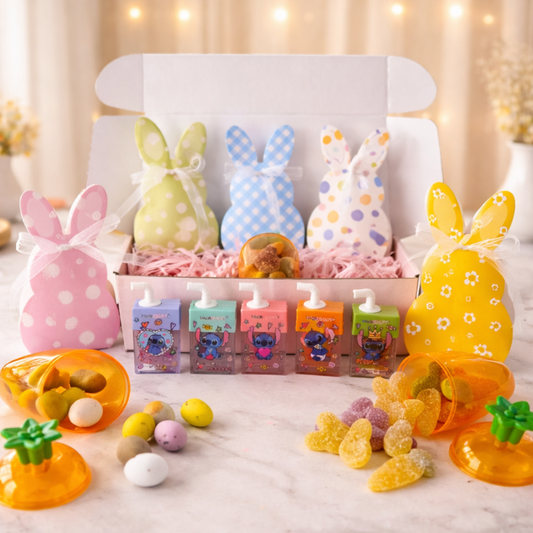 Bunny Lip Gloss Gift Set with Personalised Carrot Treat Box, chocolate egg, jelly easter sweets
