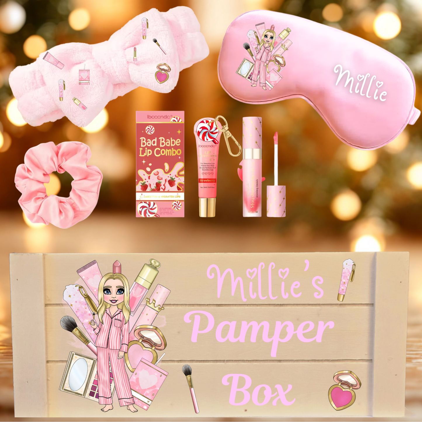 Makeup girl personalised pamper box, lipgloss duo, handband, cup, bobble, pj's, pink