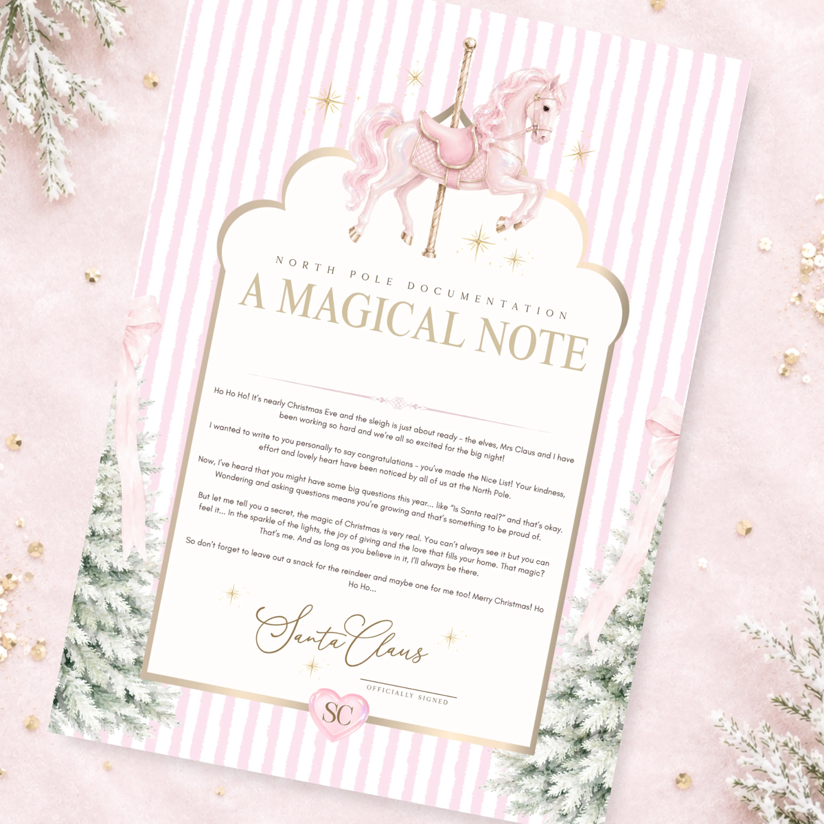 Personalised Pink Carousel Christmas Eve Santa Gift Set | Letter, Nice List Certificate & Magical Note