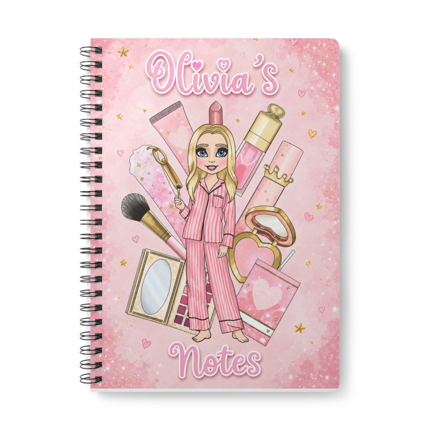 Personalized Pink Makeup Girl Notebook — "Olivia's Notes" A5 Spiral Journal