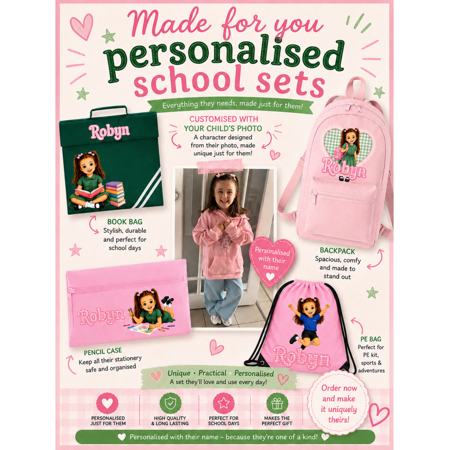 Just Like Me Personalised School Set | Custom Backpack, Book Bag, PE Bag & Pencil Case from Your Child's Photo