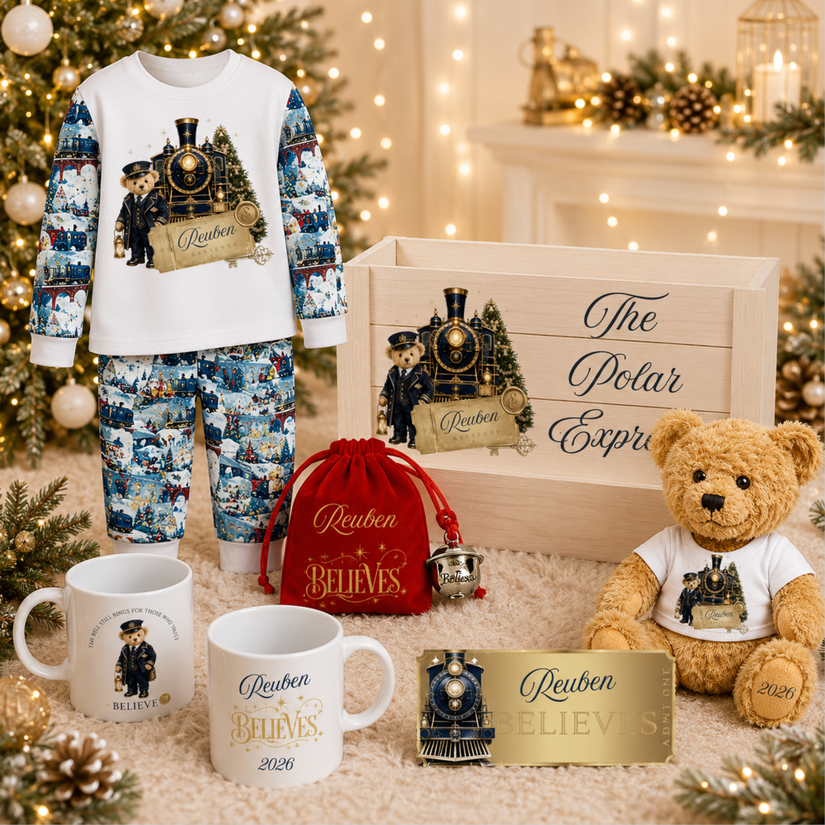 Personalised Christmas Eve Box Set | Polar Express Pyjamas, Teddy Bear, Mug, Bell & Ticket